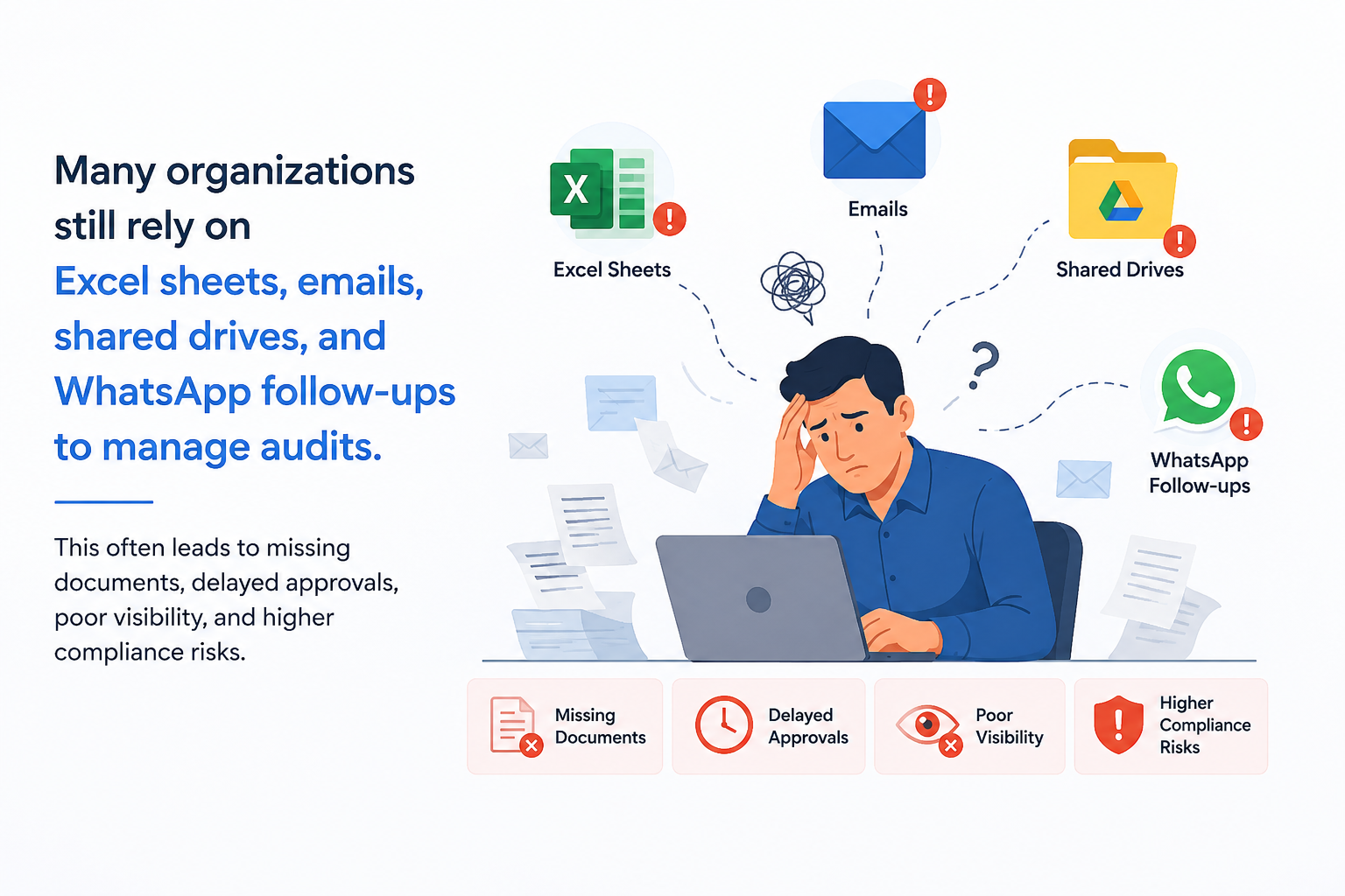 Illustration showing organizations managing audits through Excel sheets, emails, shared drives, and WhatsApp follow-ups, leading to missing documents, delayed approvals, poor visibility, and higher compliance risks.