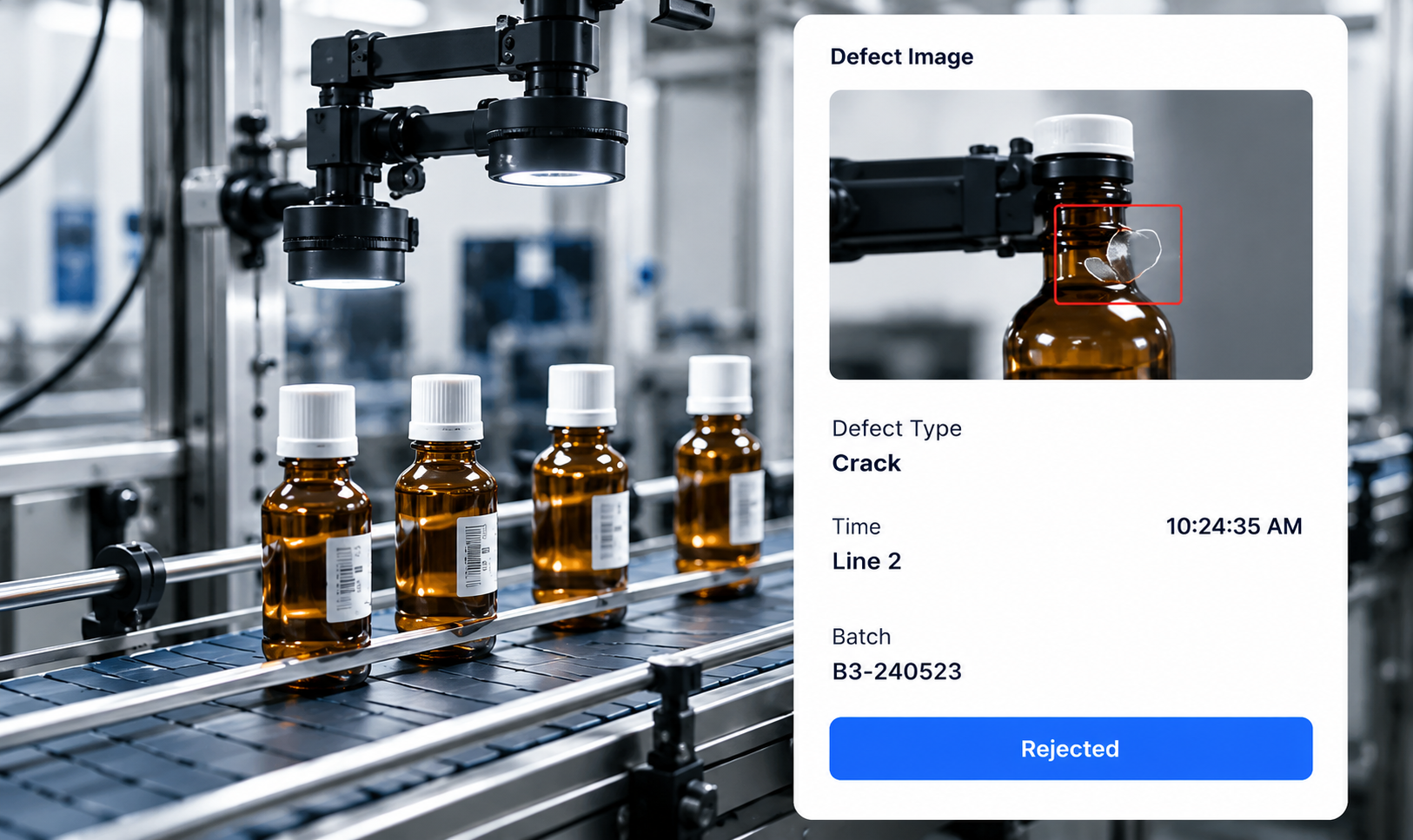 AI-powered visual inspection system detecting cracks in pharmaceutical bottles on a production line, with real-time defect analysis and automated rejection dashboard."