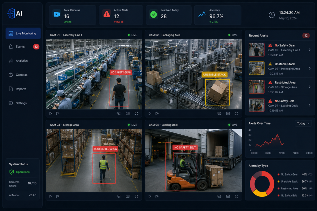 AI computer vision for manufacturing monitoring system showing real-time alerts on factory CCTV feeds