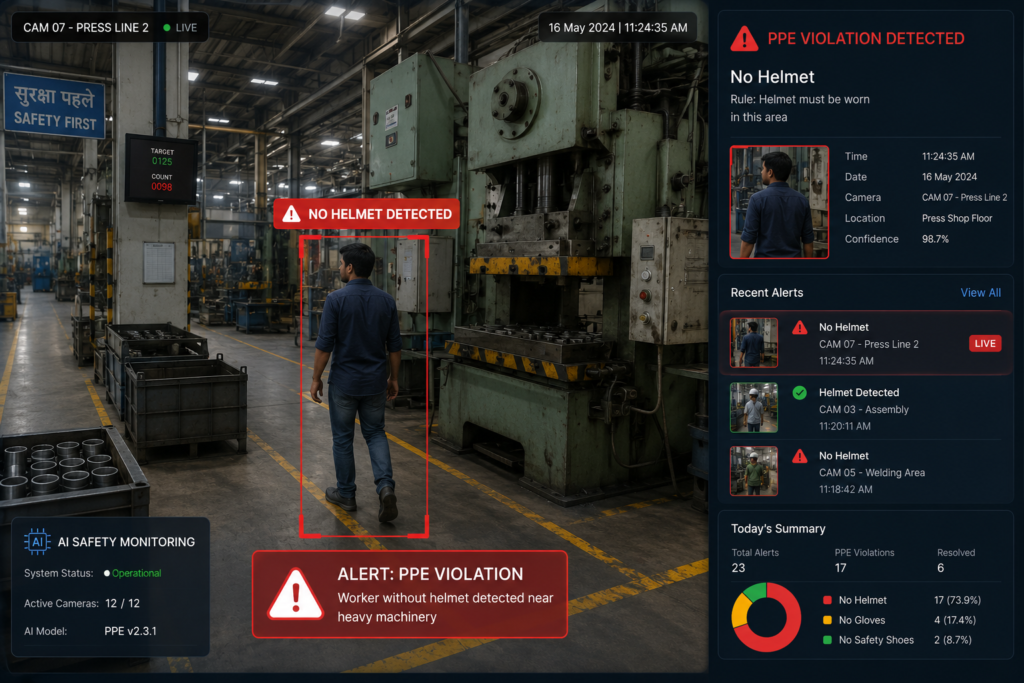 AI workplace safety monitoring detecting PPE violation on factory floor in India.