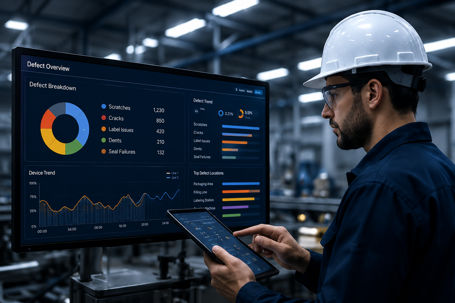 AI computer vision for manufacturing dashboard showing real-time defect analysis on factory CCTV with worker monitoring production data