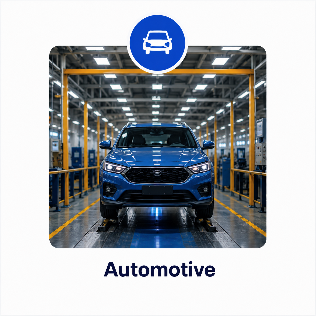 Car assembly line with robotic arms building vehicles in a modern factory.
