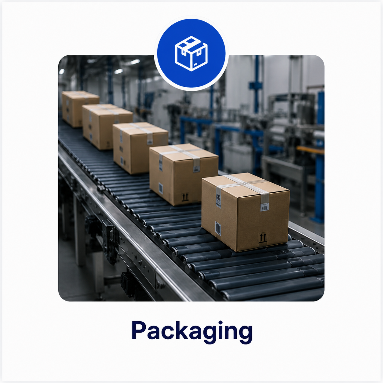 Automated packaging line with products being sealed and labeled on a conveyor system
