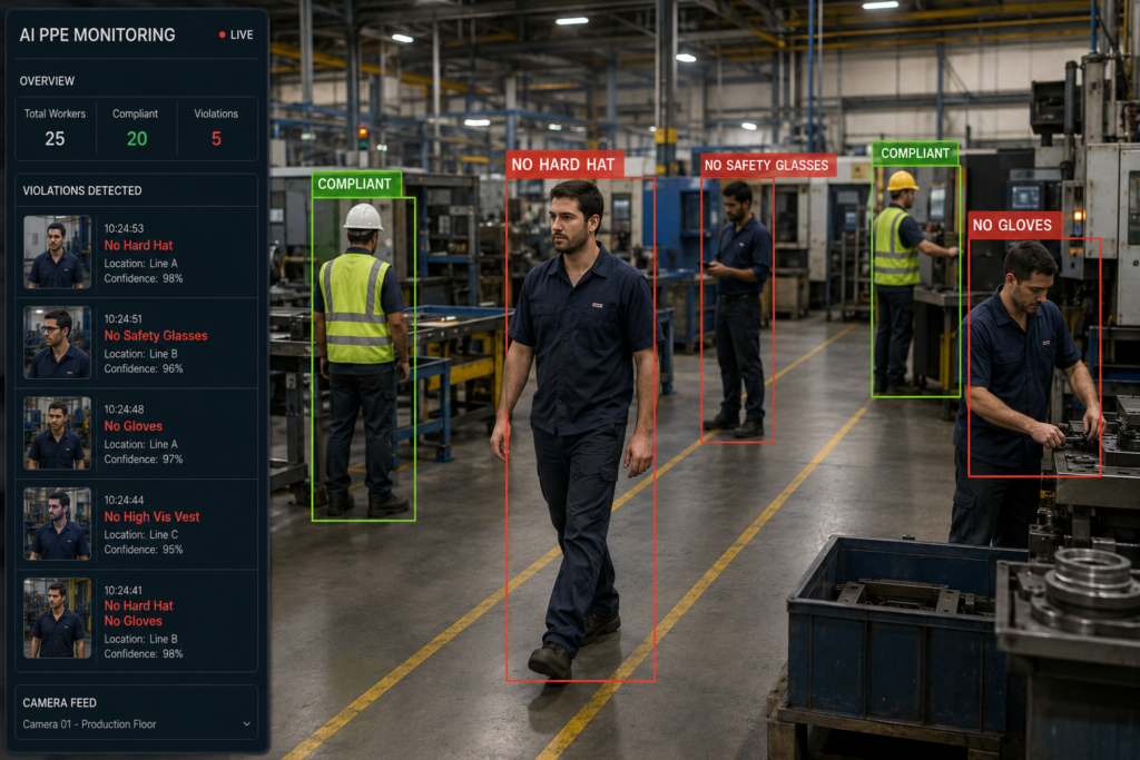 AI computer vision for manufacturing using existing CCTV cameras to detect PPE violations, monitor production, identify bottlenecks, and deliver real-time operational insights.
