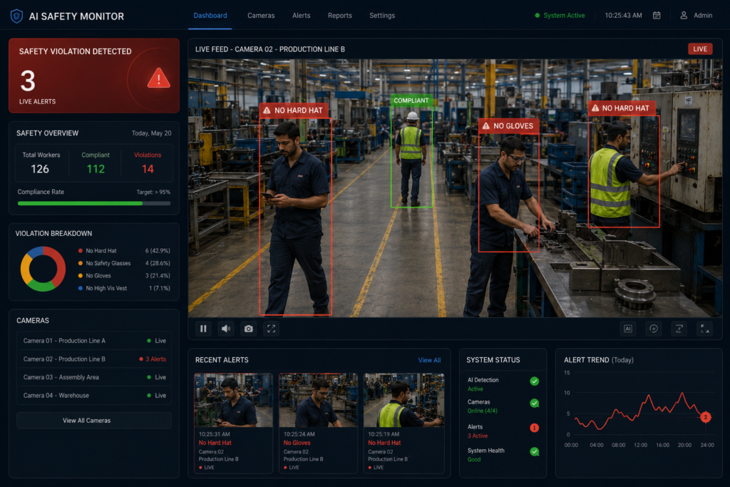 AI computer vision for manufacturing monitoring factory operations through existing CCTV cameras, detecting PPE violations, inspecting product quality, identifying production bottlenecks, and providing real-time operational insights.