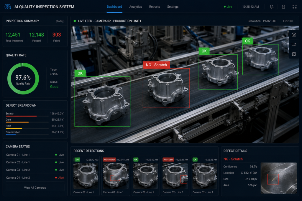 AI computer vision for manufacturing transforming existing CCTV cameras into a smart operations layer with real-time production monitoring, PPE detection, quality inspection, bottleneck detection, and AI-powered operational insights.