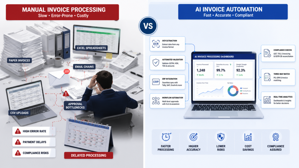 Split-screen infographic comparing manual invoice processing with AI invoice automation. The left side shows paper invoices, Excel spreadsheets, email chains, CSV uploads, approval bottlenecks, and delayed processing, while the right side displays an AI-powered invoice processing dashboard with OCR extraction, ERP integration, workflow automation, compliance checks, and real-time analytics, highlighting faster, more accurate, and compliant accounts payable automation.