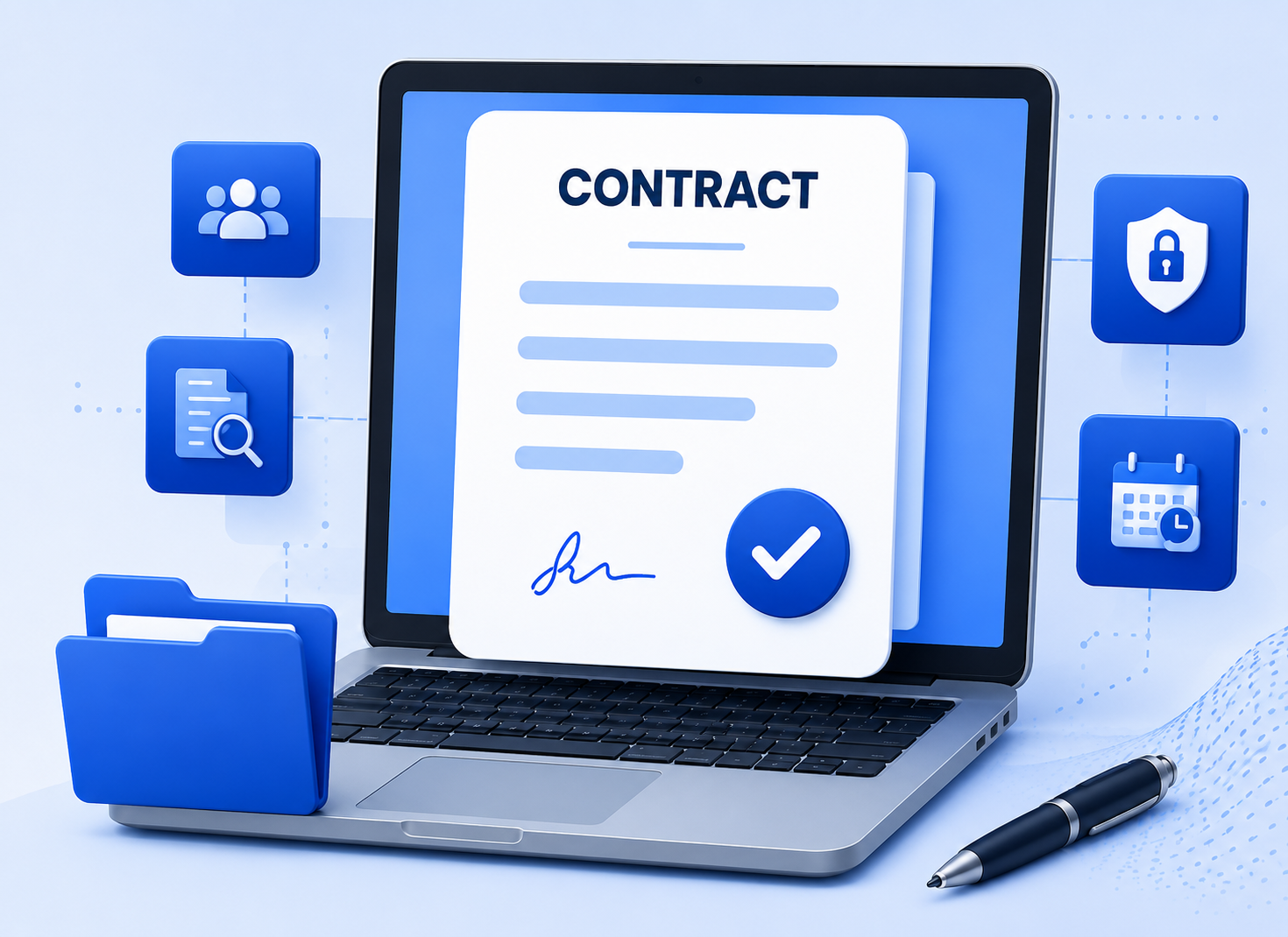 Contract Management Automation illustration showing a digital contract on a laptop with approval workflow, secure document management, compliance, contract storage, and renewal automation.
