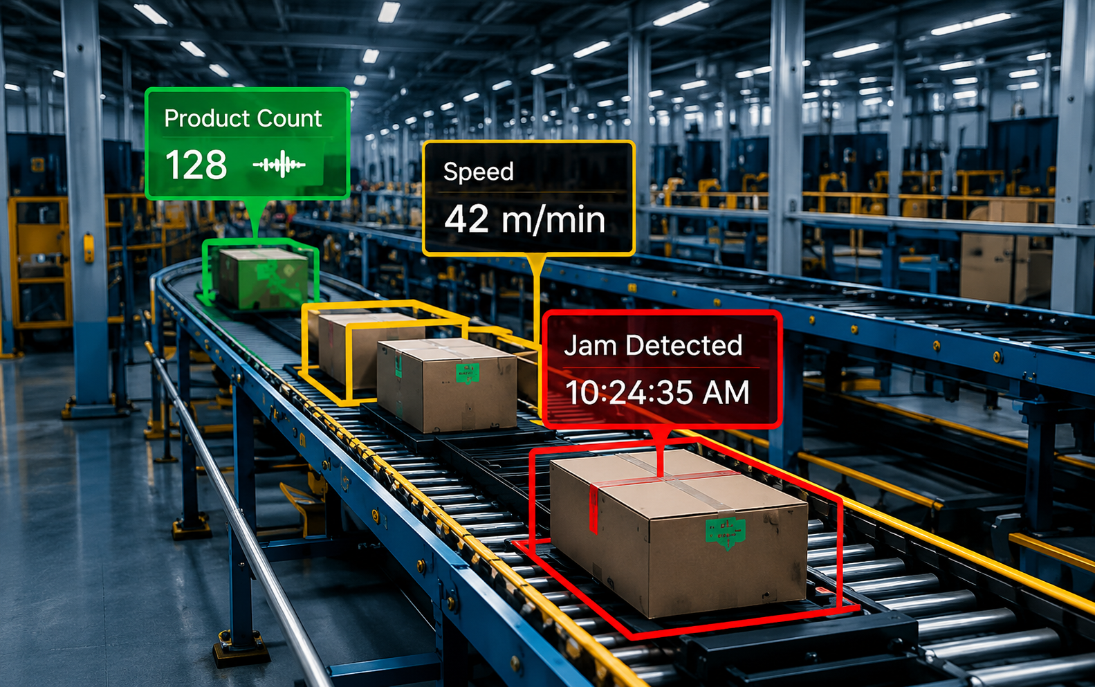 AI-powered conveyor belt monitoring system detecting product jams, tracking conveyor speed, and counting products in real time on a manufacturing production line.