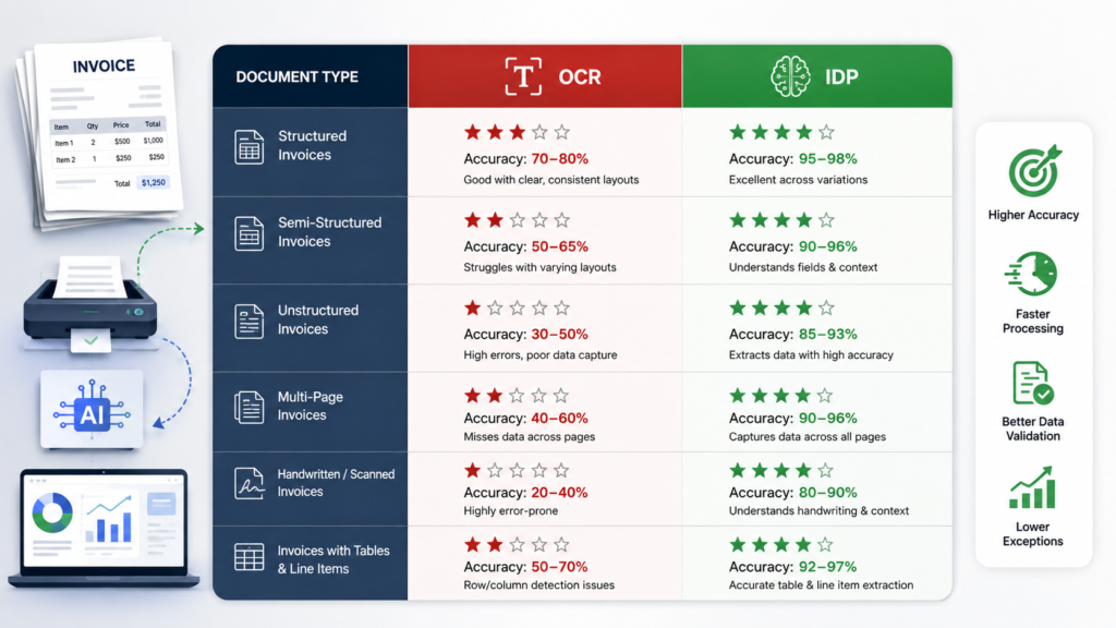 OCR vs IDP for invoice processing accuracy comparison table across document types