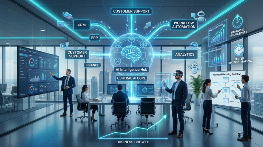 AI-powered connected enterprise integrating customer data, workflows, analytics, knowledge sharing, and business systems to eliminate data silos