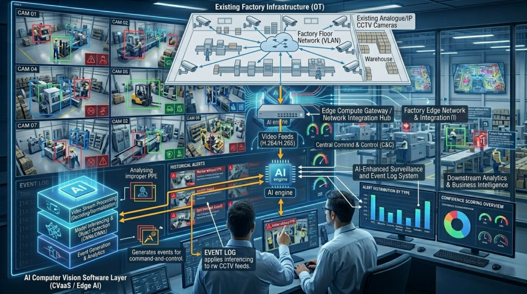 Diagram showing AI computer vision software layer connecting to existing CCTV cameras on a factory floor network