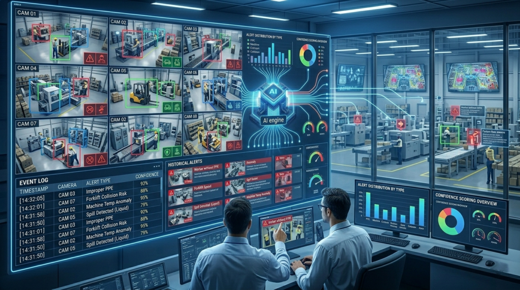  Factory floor with multiple CCTV feeds displayed on a
monitor wall, showing the challenge of monitoring many cameras simultaneously
