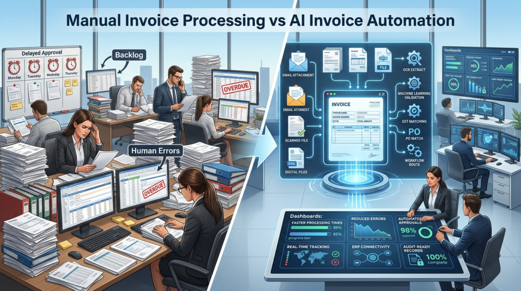 Manual invoice processing vs AI Invoice Processing Automation for faster ERP integration and accuracy.