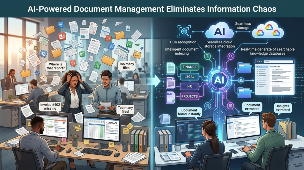 AI-powered document management system automatically organizing business documents, invoices, contracts, and reports for faster information access and improved productivity