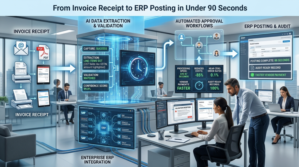 AI Invoice Processing Automation extracting invoice data, validating records, and automating approval workflows.