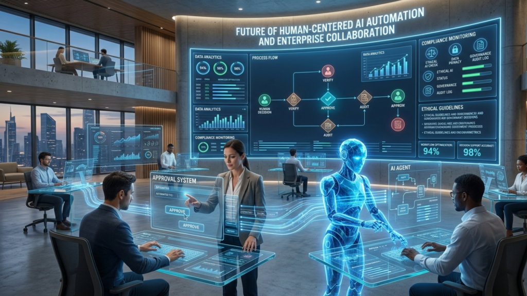 Future of human-centered AI automation showing AI systems and human experts collaborating with governance dashboards, transparency, and ethical decision-making in enterprise operations.