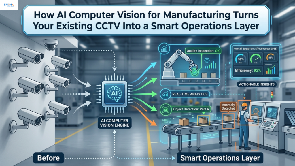 A conceptual infographic showing how manufacturing CCTV cameras feed into an AI Computer Vision Engine to create a Smart Operations Layer featuring quality inspection, real-time analytics, and anomaly detection.