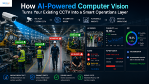 AI computer vision for manufacturing transforming existing CCTV cameras into a smart operations layer with real-time production monitoring, PPE detection, quality inspection, bottleneck analysis, and AI-powered factory analytics.
