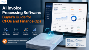 Modern AI invoice processing software dashboard showing automated invoice capture, OCR data extraction, approval workflow, financial analytics, and ERP integration for CFOs and finance operations teams in a clean blue corporate interface.