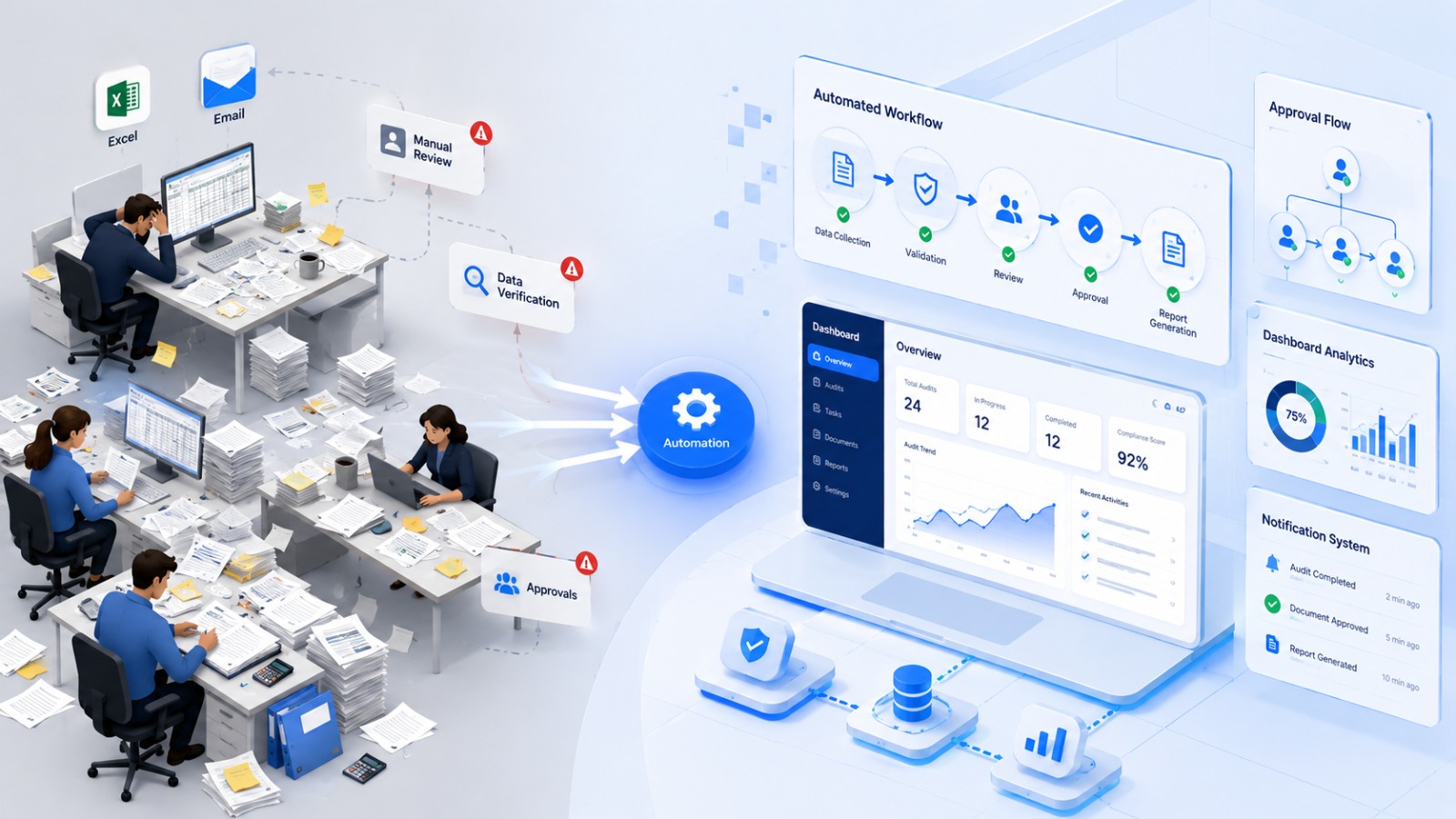Comparison of manual audit process with paper-based work, Excel sheets, and errors on the left versus an automated workflow dashboard with a structured audit pipeline, analytics, and approvals on the right.