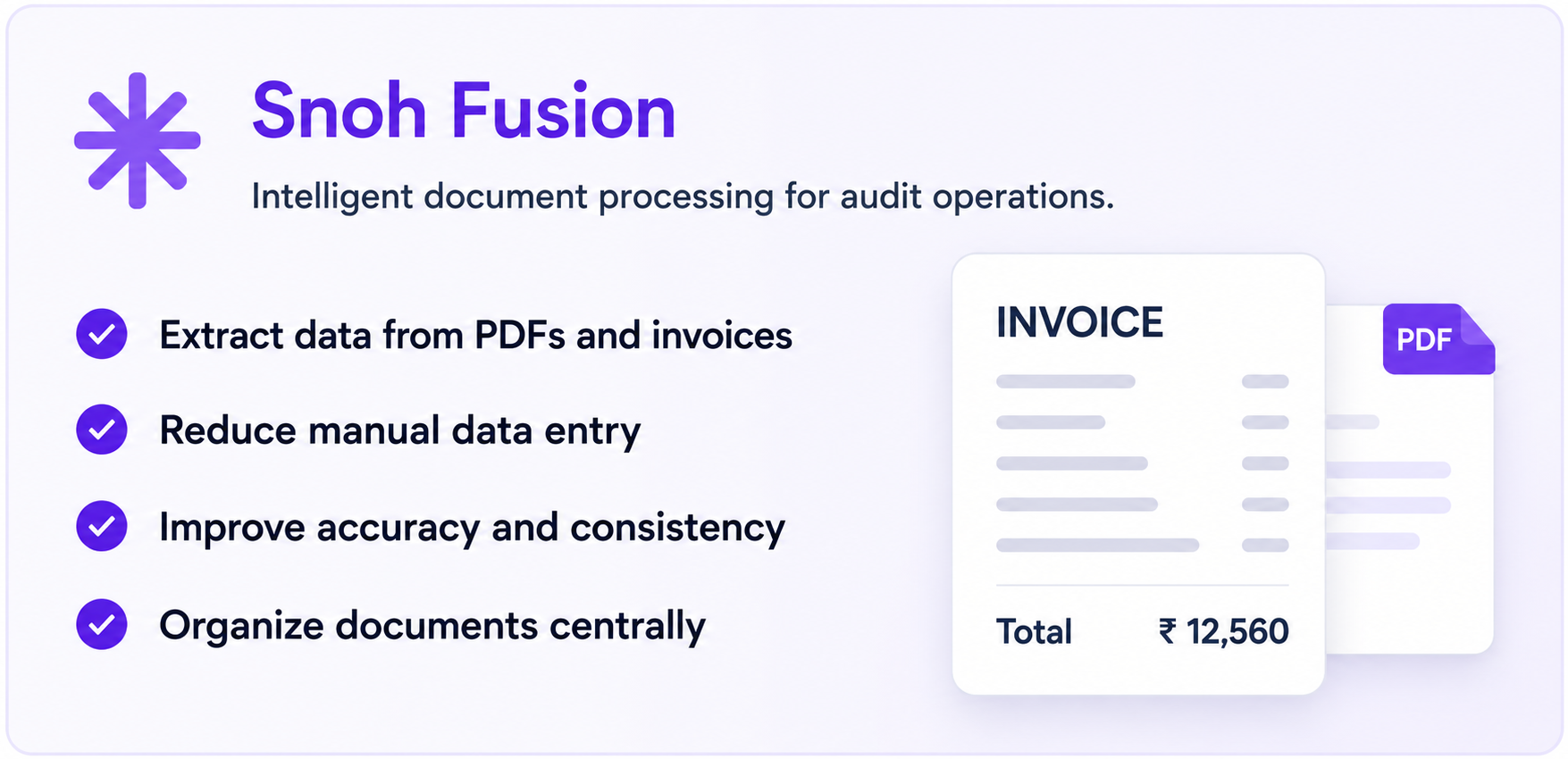 Snoh Fusion interface showing intelligent document processing features with invoice and PDF illustration.