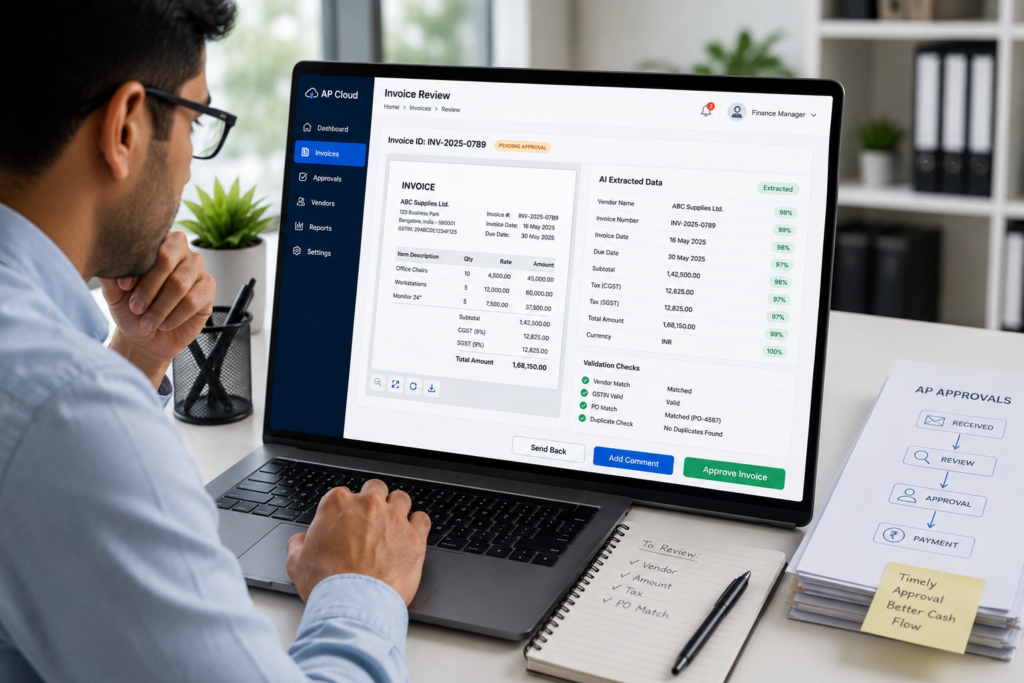 Finance manager reviewing AI-extracted invoice data before approval in an automated invoice processing cloud service platform