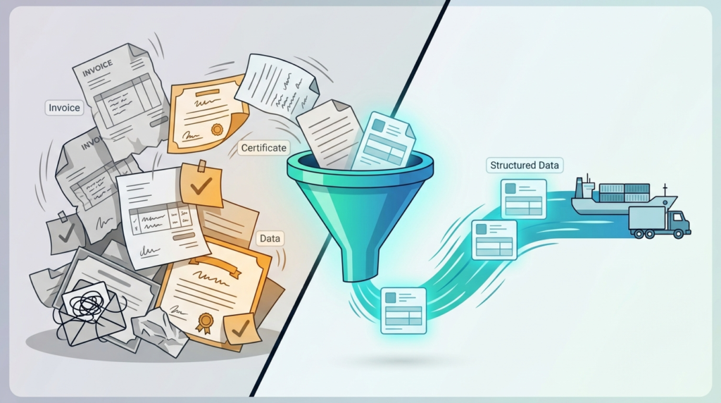 Chaotic paperwork transforming into organized digital data through unstructured document processing in supply chains.