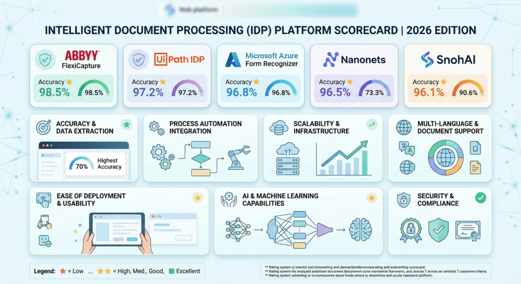 Best intelligent document processing platforms 2026 comparison scorecard showing ABBYY UiPath Azure Nanonets and SnohAI across 7 enterprise criteria.