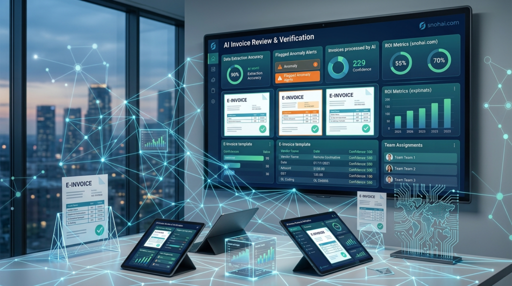 Finance team reviewing AI-extracted invoice data on an AI e-invoice compliance platform dashboard with automated validation and compliance insights.