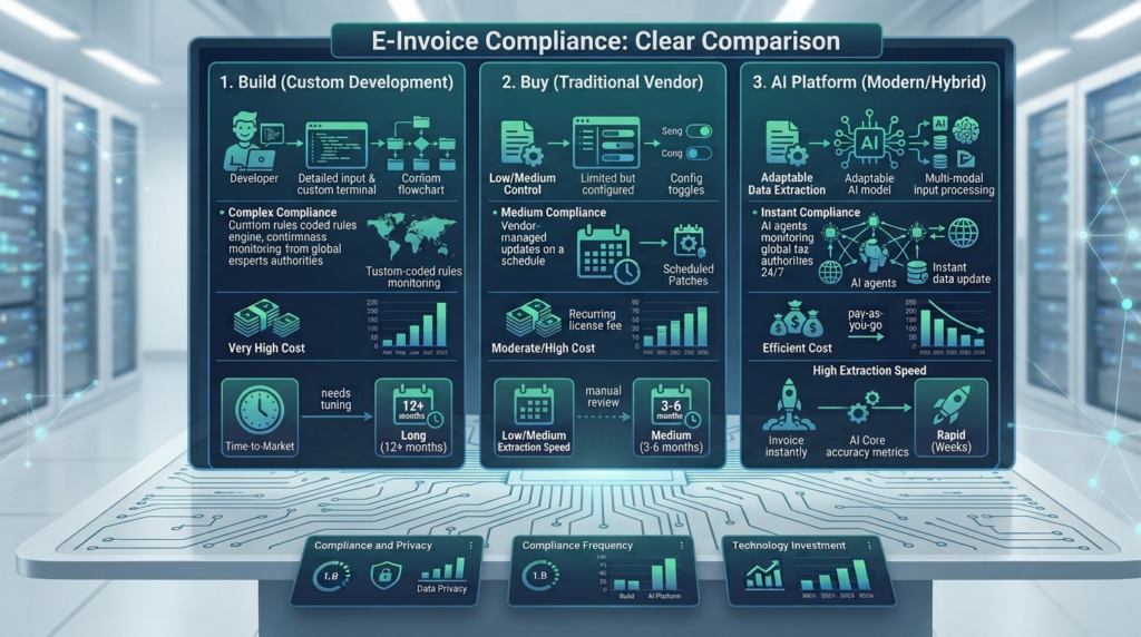 Comparison table of build vs. buy vs. AI platform approaches to AI e-invoice compliance platform