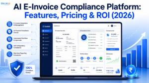 AI e-invoice compliance platform dashboard showing automated invoice validation, compliance checks, pricing insights, and ROI analytics for digital finance workflows.