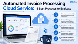 Finance manager reviewing AI-extracted invoice data before approval in an automated invoice processing cloud service dashboard.