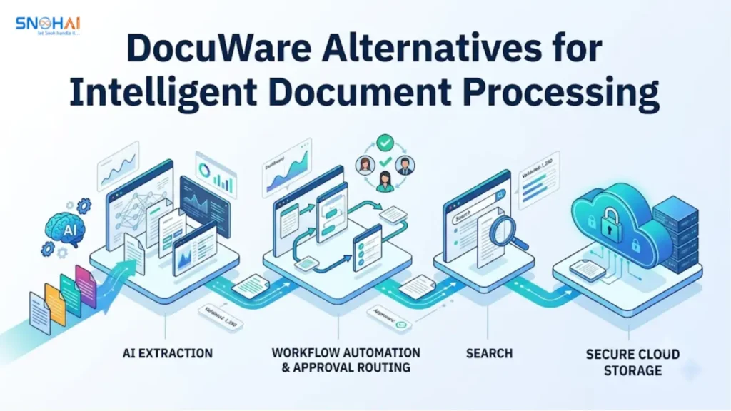 DocuWare alternatives for intelligent document processing featuring AI extraction, workflow automation, approval routing, document search, and secure cloud storage.