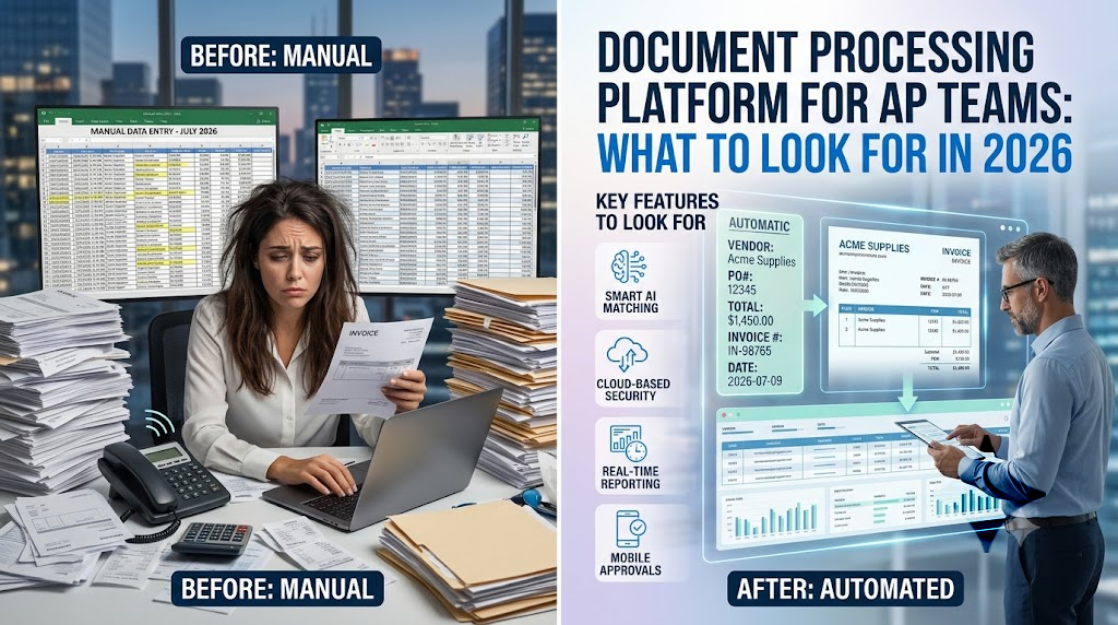 A side-by-side split graphic comparing a stressed finance professional doing manual data entry with an automated document processing platform for AP teams extracting data from a digital invoice.