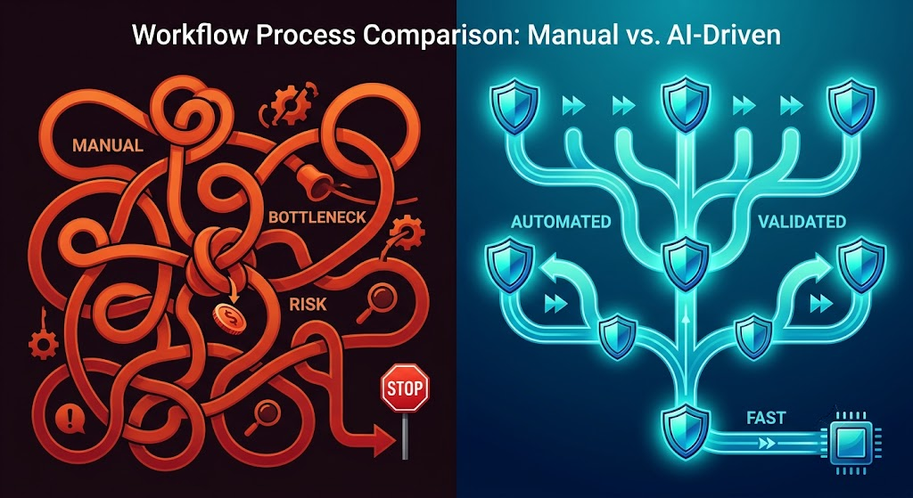 Comparison of insecure manual procurement approval workflow versus fast secure AI-driven workflow