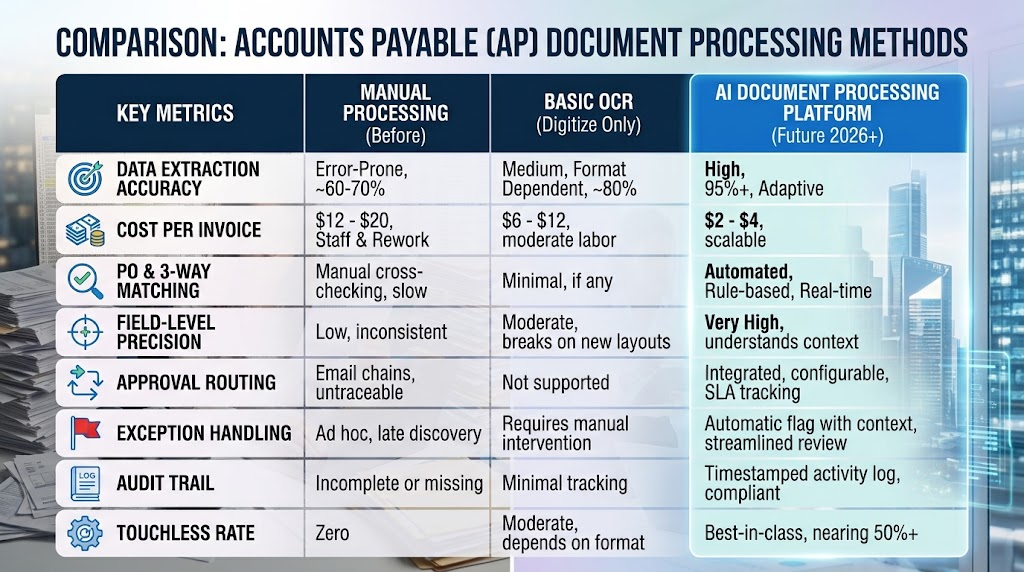 An infographic matrix comparing key metrics like accuracy and cost for manual keying, basic OCR, and an AI-driven document processing platform for AP teams.