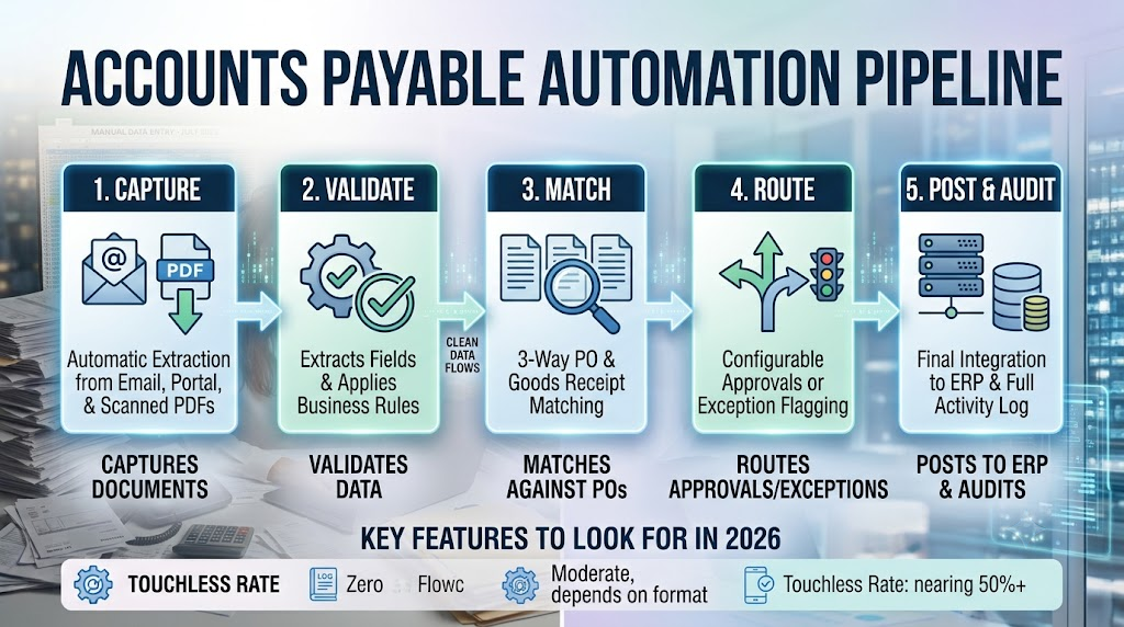A horizontal workflow pipeline chart showcasing the five automated steps of a document processing platform for AP teams from invoice capture to ERP integration.