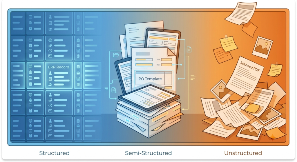 Visual spectrum from structured to unstructured supply chain document formats showing the role of unstructured document processing in supply chains.