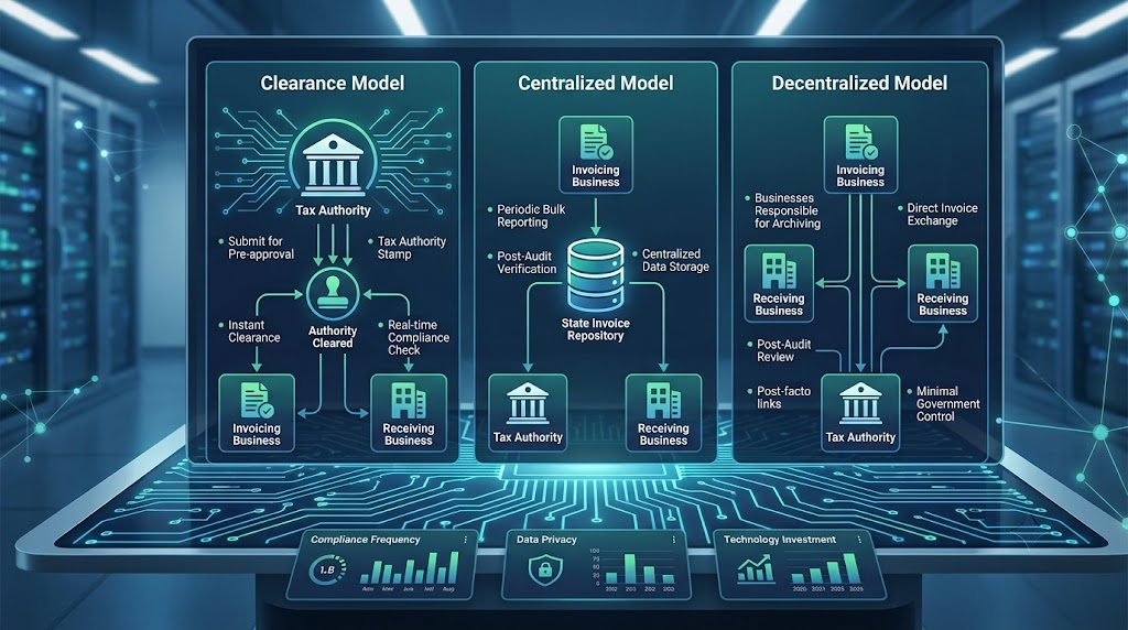 Diagram comparing clearance, centralized, and decentralized e-invoicing compliance models inAI e-invoice compliance platform