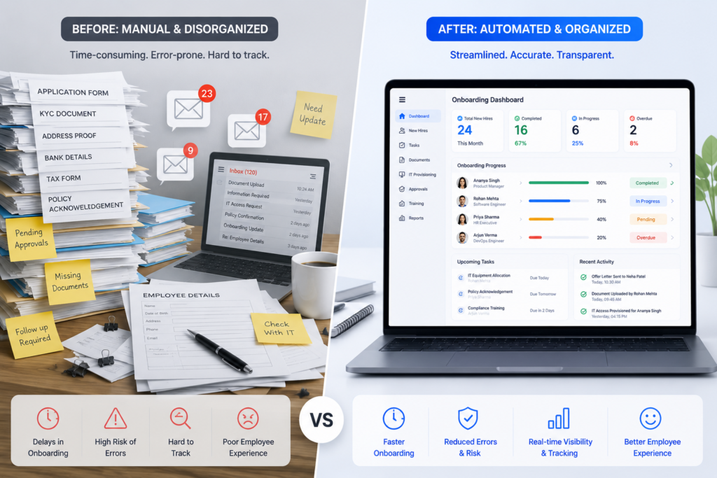 Manual onboarding versus HR onboarding workflow automation comparison illustration.