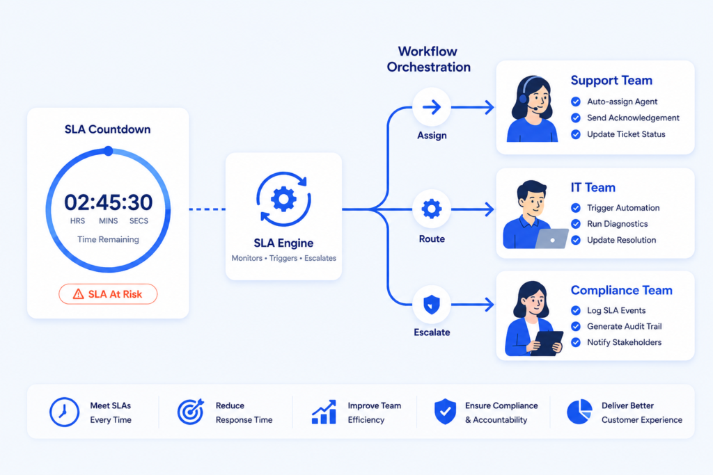 SLA automation and workflow orchestration connecting SLA timers to cross-team ticket routing.
