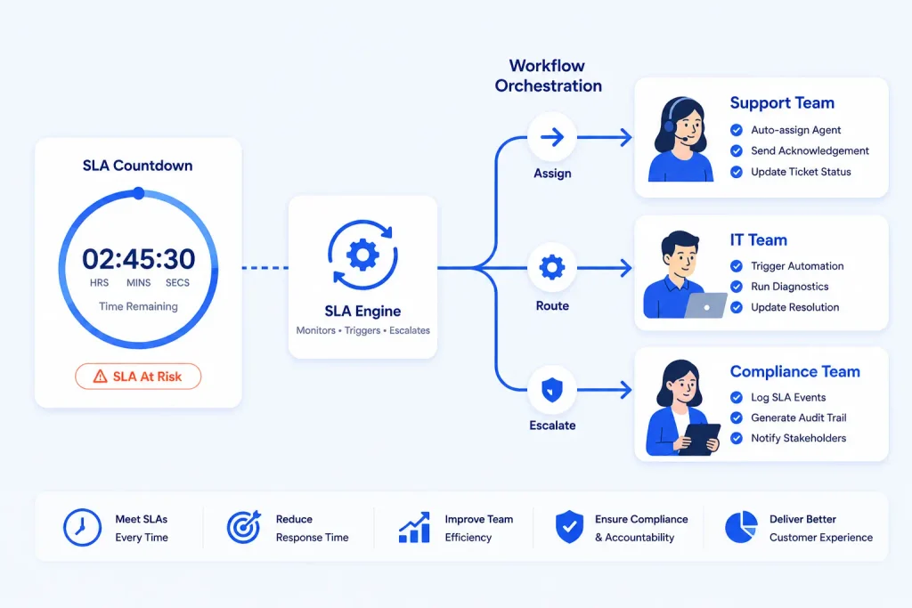 SLA automation and workflow orchestration connecting SLA timers to cross-team ticket routing.