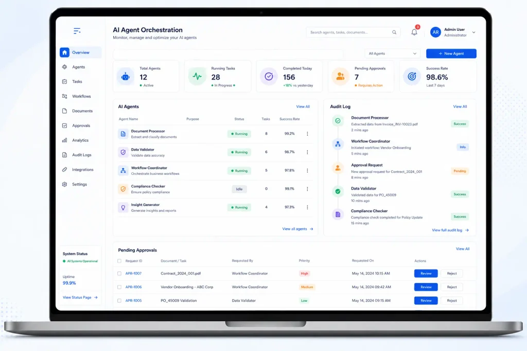 Agentic AI solutions for enterprises dashboard showing agent orchestration and audit trail.