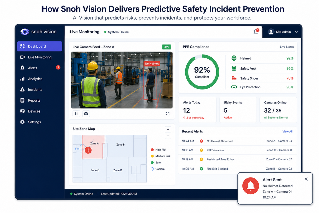 Snoh Vision dashboard delivering predictive safety incident prevention with live alerts.