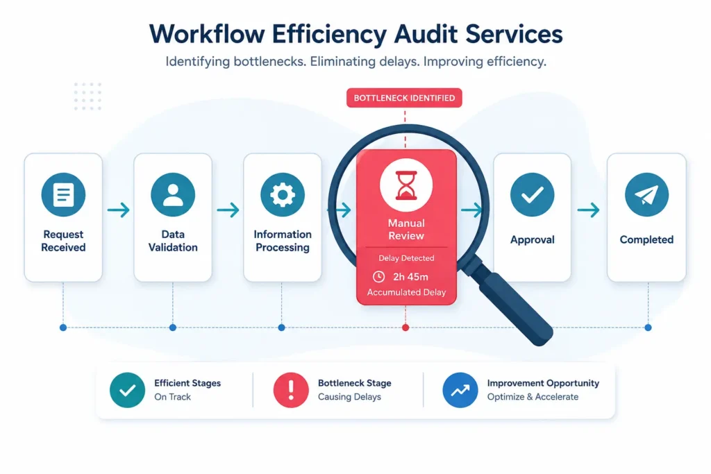 Workflow efficiency audit services identifying a bottleneck stage in a business process.