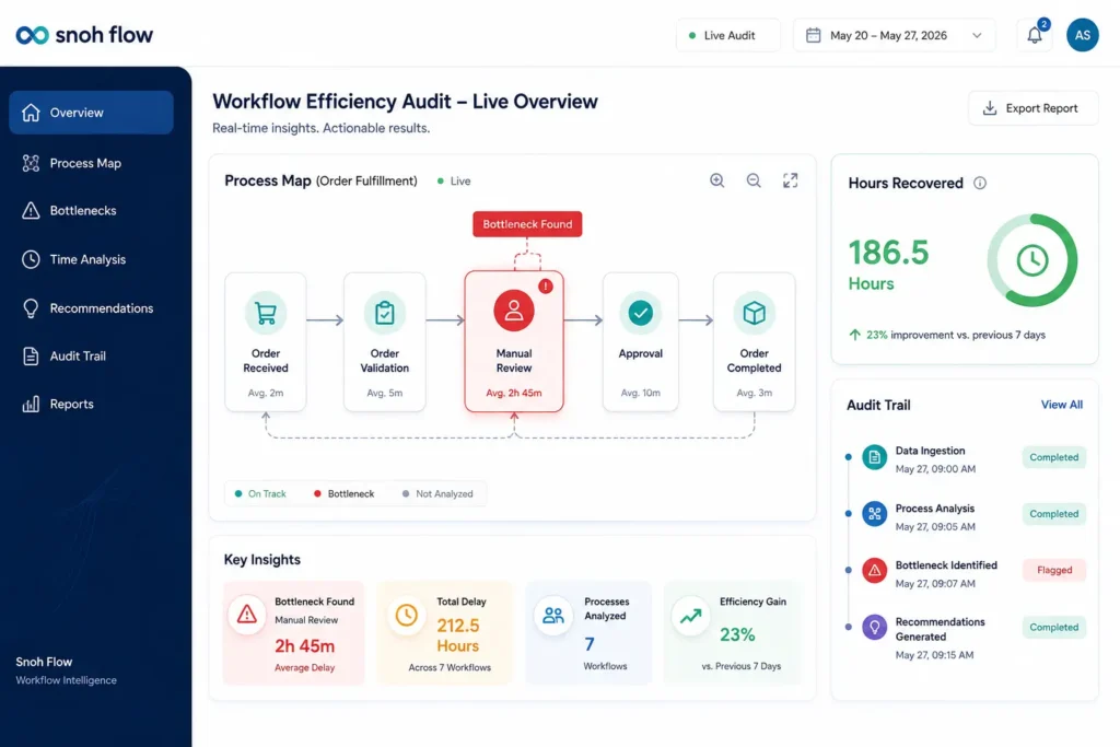 Snoh Flow dashboard delivering workflow efficiency audit services with recovered employee hours.