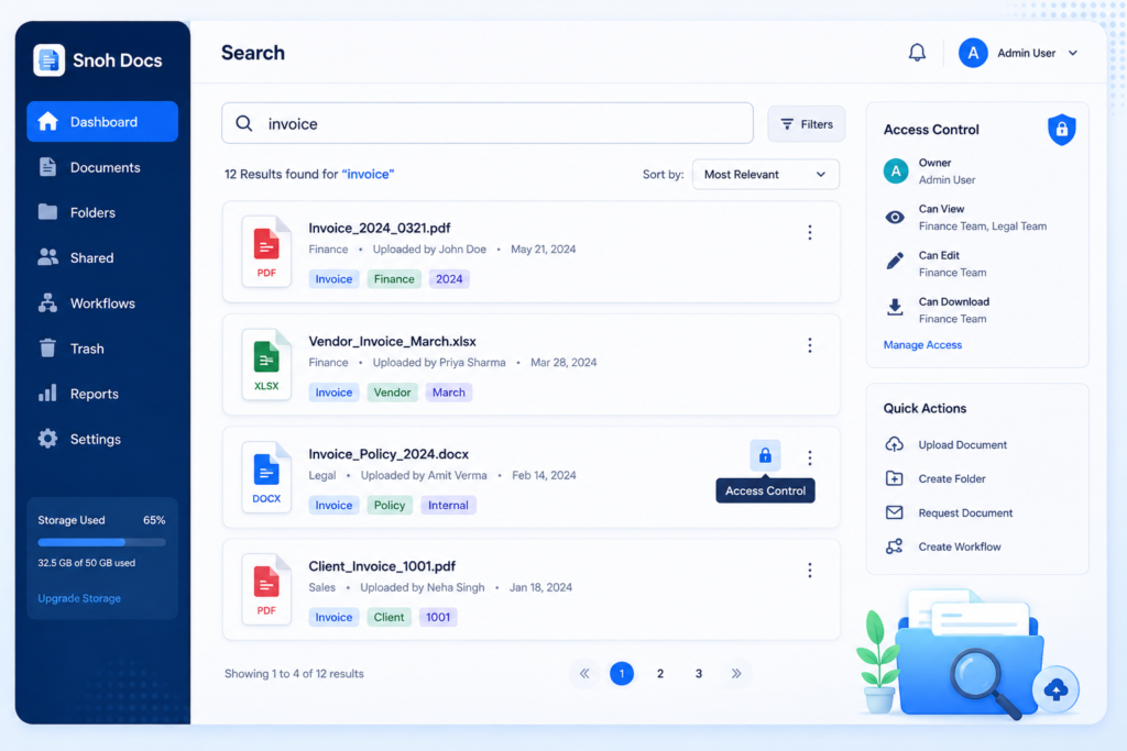 Snoh Docs interface delivering document management system services with AI-assisted search.