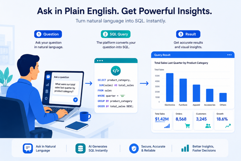 Natural language to SQL query services converting a plain-English question into a data chart.