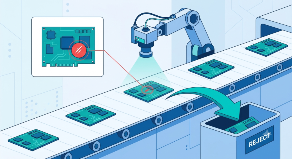 AI-based quality control services scanning a product on a manufacturing line for defects.